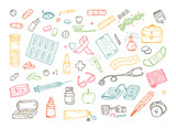 Healthcare and Medicine Vector Set. Hand Drawn Doodle Health items. Drugs and Medical Products and Devices.
