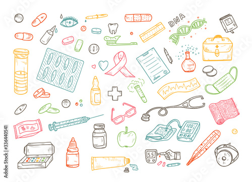 Healthcare and Medicine Vector Set. Hand Drawn Doodle Health items. Drugs and Medical Products and Devices.
