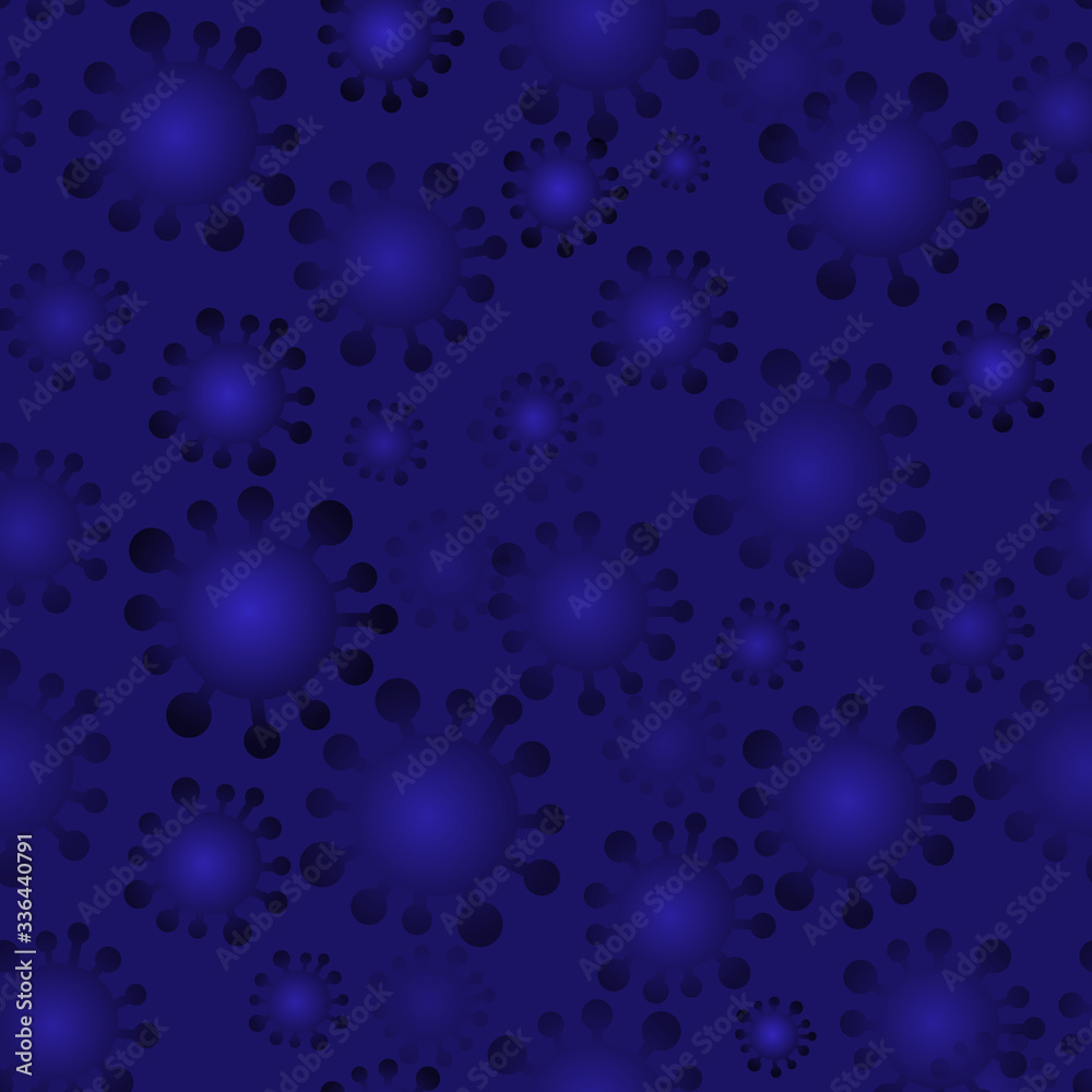 Seamless pattern on the theme of the spread of coronavirus. Blue background. Can be used to create banners and web designs. A pandemic of a viral infection.