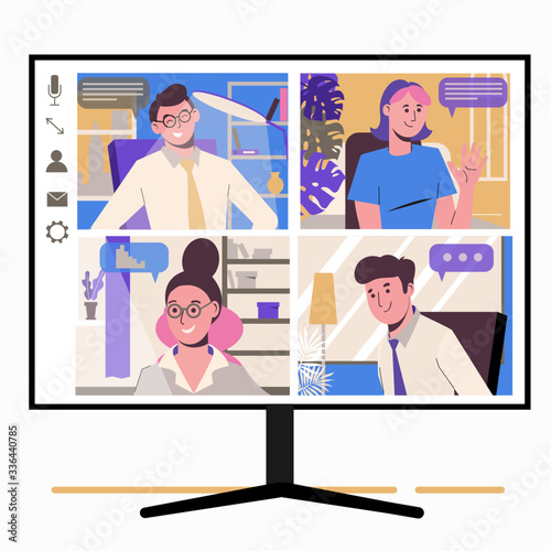 Work at home, freelance, remote work as a team. Online chatting colleagues and employees. Service for communication. Flat illustration isolated on white background. Virtual conference. Monitor screen