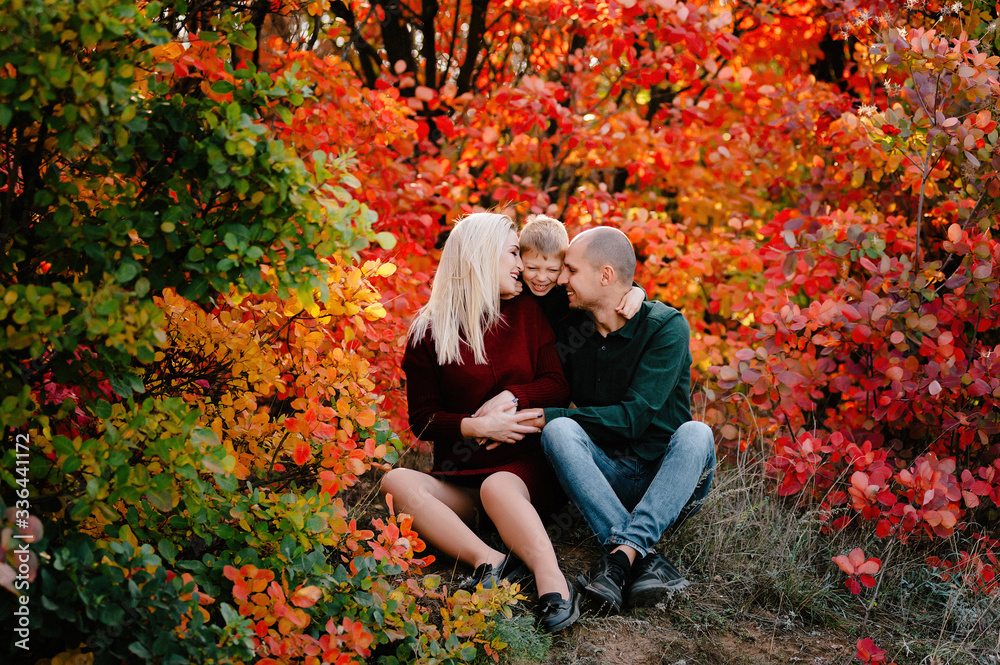 autumn landscape, red and yellow leaves, good sunny weather, family, mom dad and son for a walk, pregnant mother, blonde pregnant girl, joy, happiness, happy family expecting a baby, older brother autumn landscape, red and yellow leaves, good sunny weather, family, mom dad and son for a walk, pregnant mother, blonde pregnant girl, joy, happiness, happy family expecting a baby, older brother