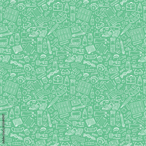 Healthcare and Medicine Vector Seamless pattern. Hand Drawn Doodle Drugs and Medical Products and Devices Background
