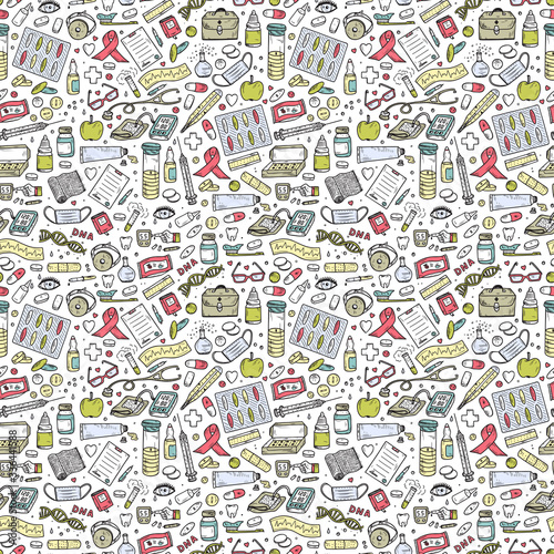 Healthcare and Medicine Vector Seamless pattern. Hand Drawn Doodle Drugs and Medical Products and Devices Background 