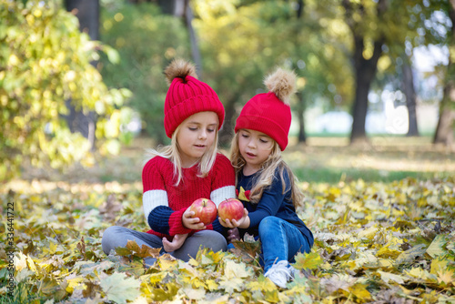 Two cute little sisters eating apples in the park