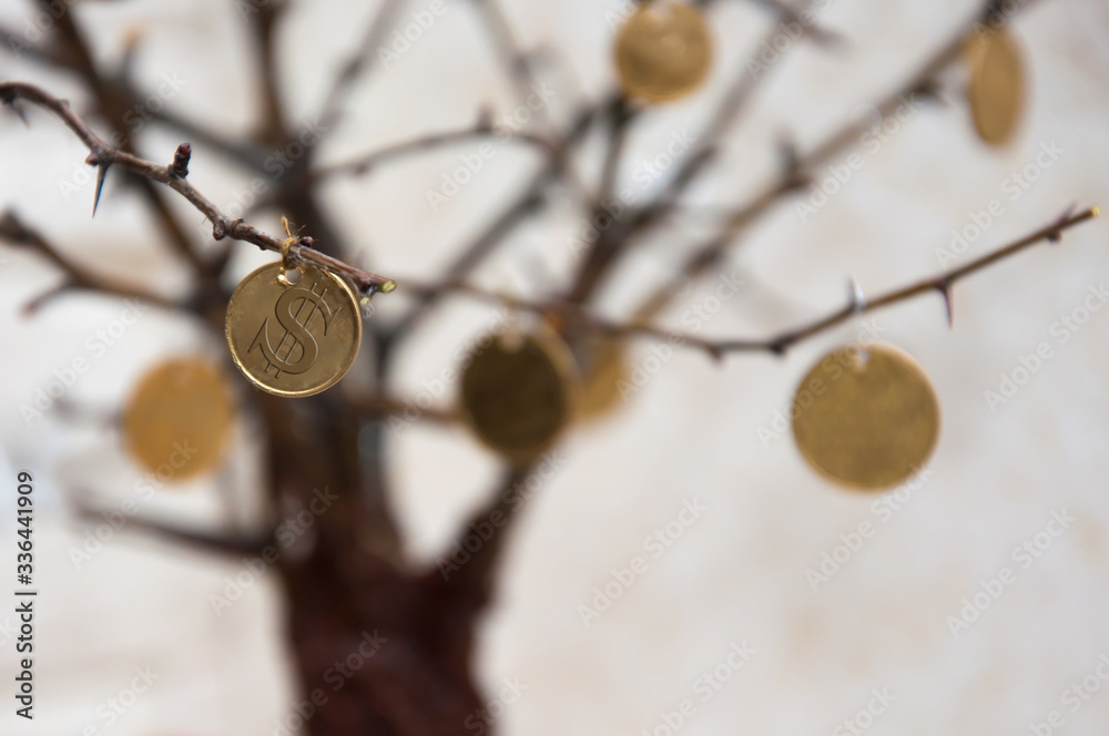 A tree with coins on the branches. Economic consequences, economic crisis. Economy and money.