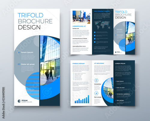 Tri fold brochure design with circle, corporate business template for tri fold flyer. Layout with modern photo and abstract circle background. Creative concept folded flyer or brochure.