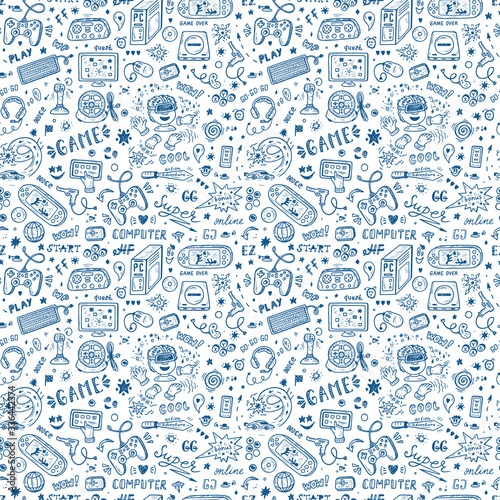 Gadget icons Vector Seamless pattern. Hand Drawn Doodle Computer Game items. Video Games Background.
