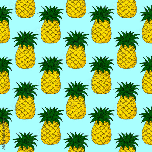 Seamless cartoon pattern with sweet fresh pineapple fruit. Colorful print on vibrant blue background for cute banner, poster, textile, postcard, wrapping paper, candy wrapper and web design.