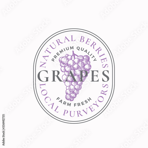 Grapes Farm Badge or Logo Template. Hand Drawn Berries Sketch with Retro Typography and Borders. Vintage Premium Emblem.