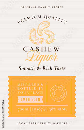 Family Recipe Cashew Nuts Liquor Acohol Label. Abstract Vector Packaging Design Layout. Modern Typography Banner with Hand Drawn Cashew with Leaf Silhouette Logo and Background.