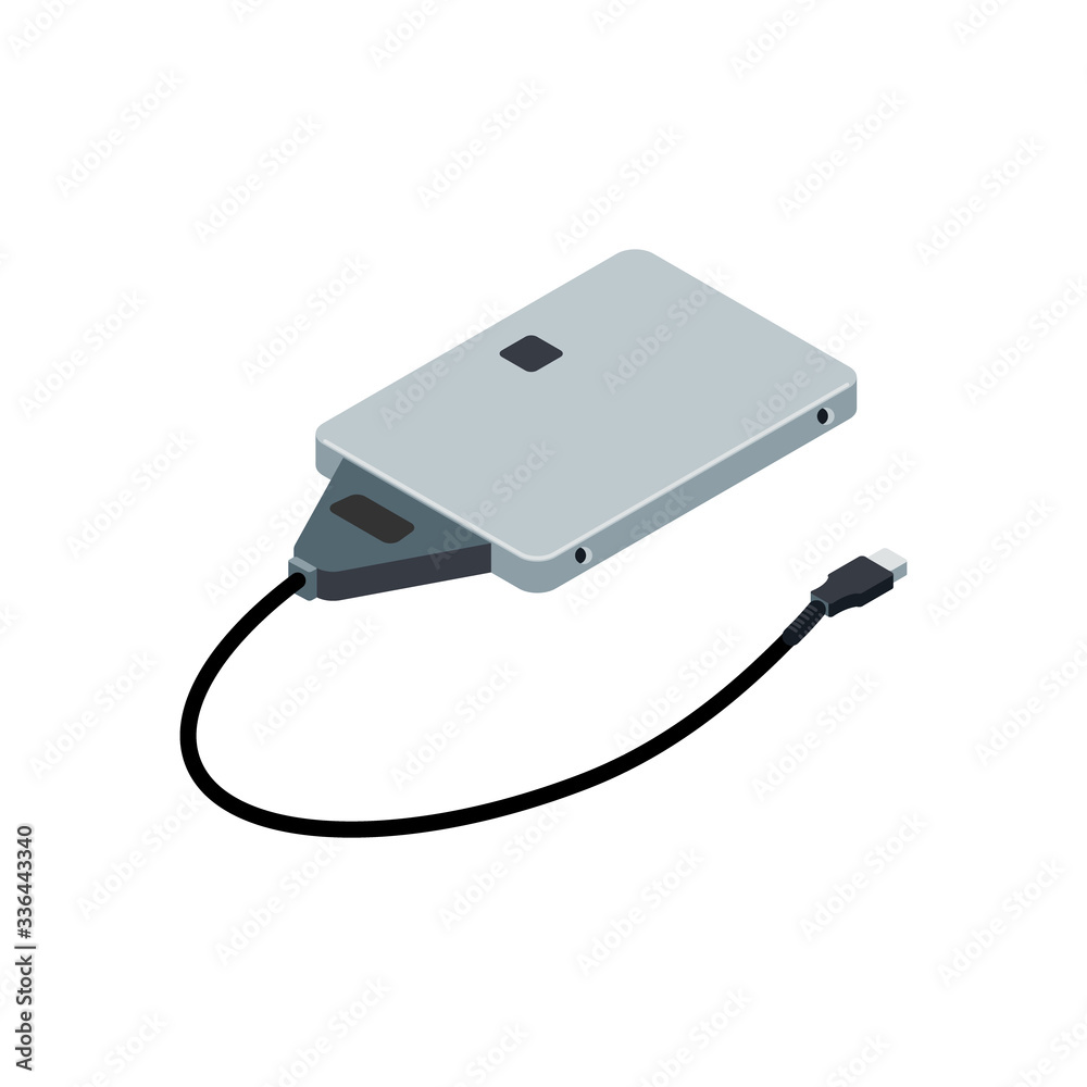 Isometric 3d external hard disk. SSD with usb connector icon isolated on white background. Portable extern memory drive. Vector illustration Isometric 3d external hard disk. SSD with usb connector icon isolated on white background. Portable extern memory drive. Vector illustration