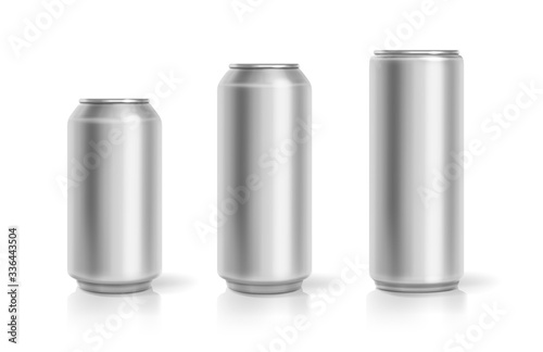 Realistic aluminum cans. Soda drink containers set. Lemonade or beer metallic can package. Vector realistic