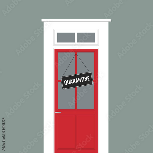 The red door of the store, with the sign "Quarantine". The concept of "stay at home", quarantine and prevention of coronavirus (COVID-19). Vector stock flat illustration
