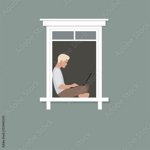 Young man sits at the window and works on a laptop. The concept of "staying at home", self-isolation, quarantine and prevention of the spread of coronavirus (COVID-19). Vector Stock flat illustration.