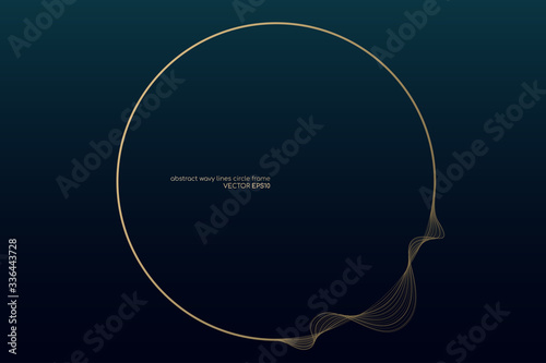 Circle round frame by gold wavy lines isolated on dark teal gradient background with space for text. Vector design element luxury style for banner, background, border frame