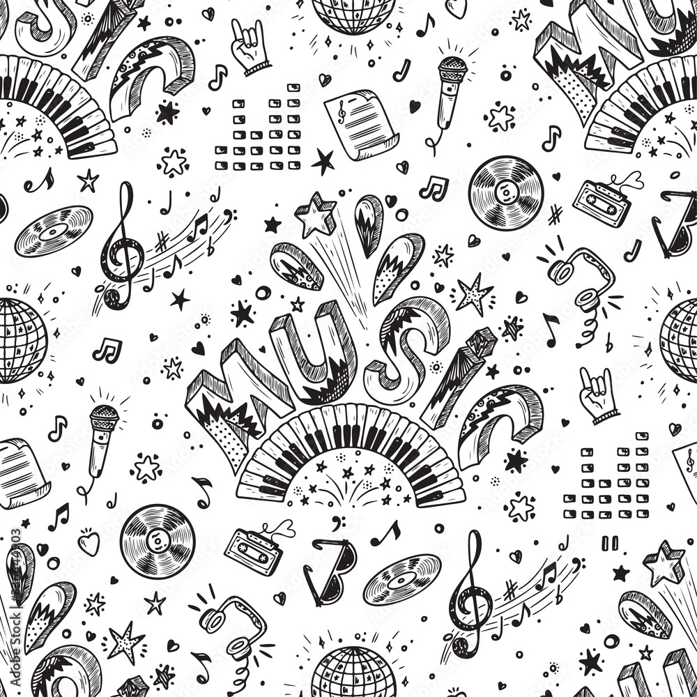 Vector Music background. Seamless pattern with Hand drawn doodle Word Music and Musical Symbols.
