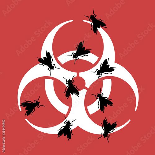 Insect and mosquito as carrier of biohazard - animal as source of contagion of viral and bacterial illness and disease like malaria, zika virus, dengue fever. Vector illustration on plain red.