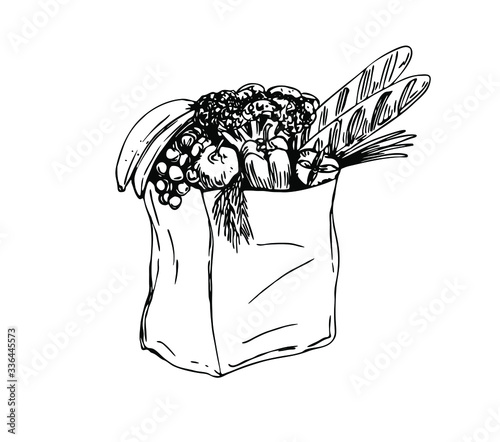 Food bag with bananas, apple, tomato, bell pepper, onion, broccoli and bread. Food delivery in line art style.