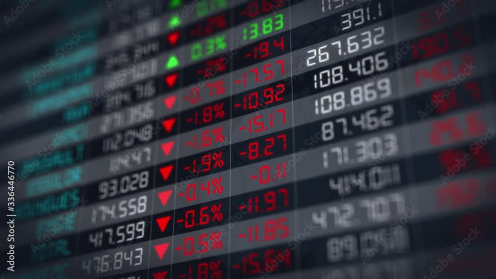 Stock market tickers going down in an economic crisis, with digital animation of the evolution of stock market prices. Financial chart of stock exchange data - 4K animation 