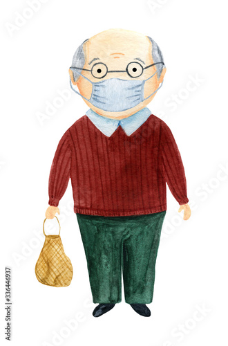Retired in a protective mask during a pandemic. Grandfather on a white background in watercolor.