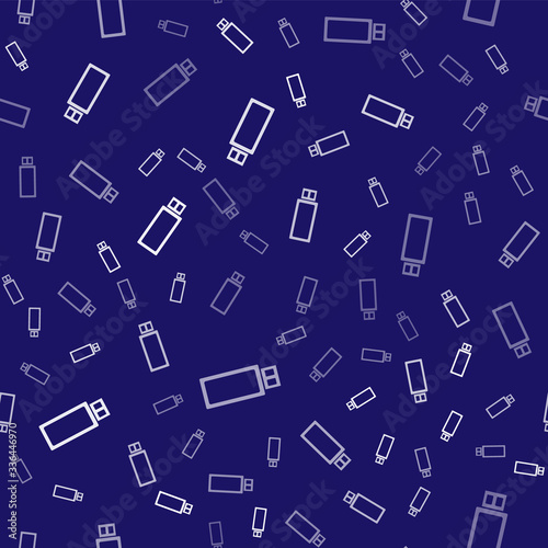 White USB flash drive icon isolated seamless pattern on blue background. Vector Illustration