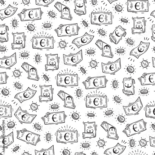 Money rain Vector Seamless pattern. Hand Drawn doodle Euro Banknotes and Coins 