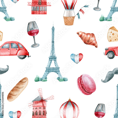 Seamless pattern with symbols of Paris and France, drawn in watercolor.