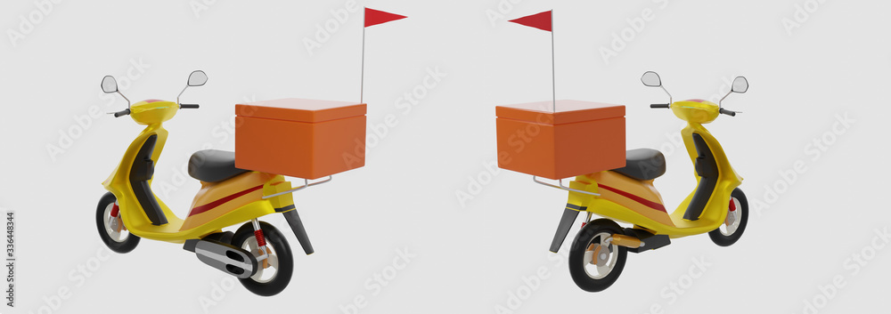 Yellow model Motorcycle with orange box and red frag for concept  Food Delivery. Isolated on white background and wallpaper. 3D Rendering.