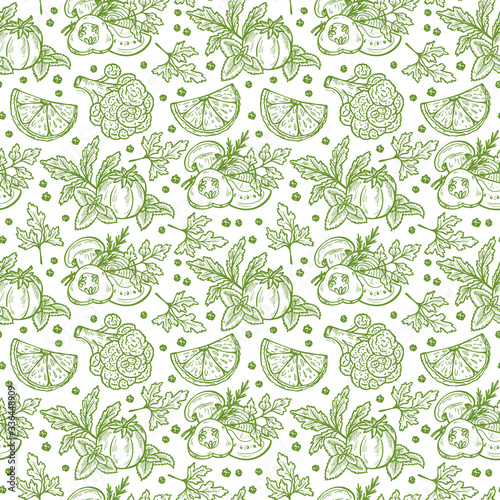 Green Fresh Vegetables Seamless pattern. Hand drawn Sketch Vegetables and Fruits with Herbs and Spices. Healthy product. Vegan Food. Vector Illustration
