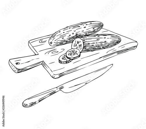 Chopped cucumbers on a cutting board with knife. Cooking in line art style.