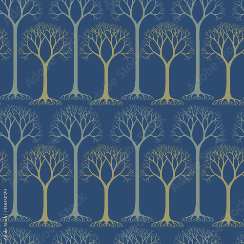 Seamless pattern with barren tree silhouettes. Hand drawn natural illustration with stylized trees. Pastel colors. Park and garden concept. Nature background. EPS 10 vector illustration