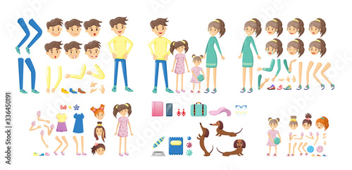 Family creation kit, cartoon character constructor. Body parts, face, facial expressions, body gesture. Parents and children in different poses. Create your own pose using family creation kit vector