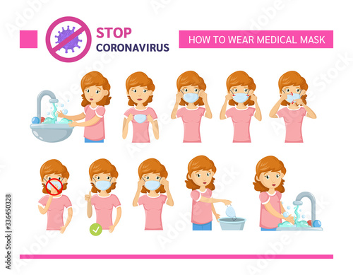 How to wear medical mask. Medical instruction step by step Infographics of method how to wear mask. Hand washing, disinfection, protection against chinese virus. Stop coronavirus COVID-19 vector © Idey