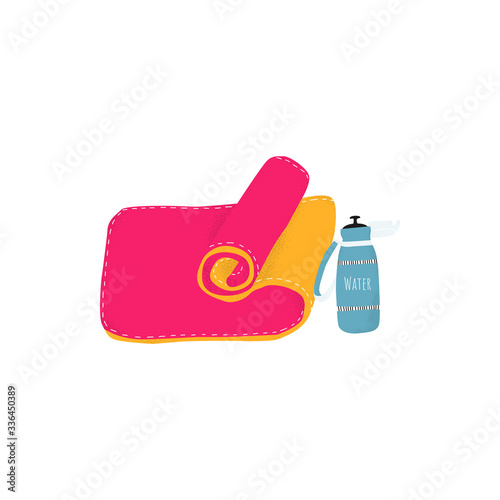 Isolated yoga mat and water bottle