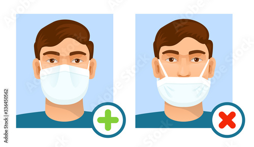 Man wearing hygienic mask to prevent infection, airborne respiratory illness, preventive gear, coronavirus, contagious disease. Health care concept. Rules for wearing bandage. Vector illustration.