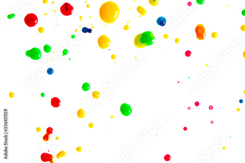 Close Up of Multicoloured Splattered Paint Blobs on White Paper for Abstract Background