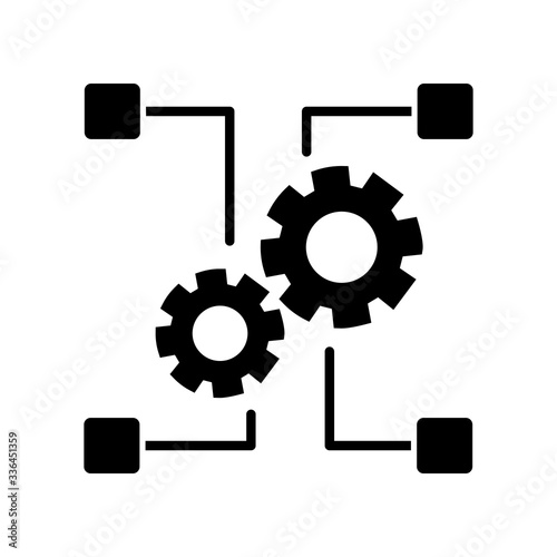 Outsourcing black glyph icon. Manufacture system, industry. Transferring employees and production assets, companies cooperation. Silhouette symbol on white space. Vector isolated illustration