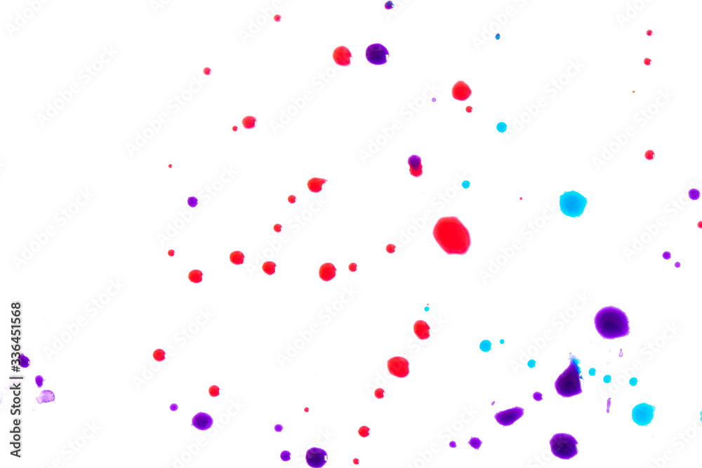 Close Up of Multicoloured Splattered Paint Blobs on White Paper for Abstract Background Close Up of Multicoloured Splattered Paint Blobs on White Paper for Abstract Background