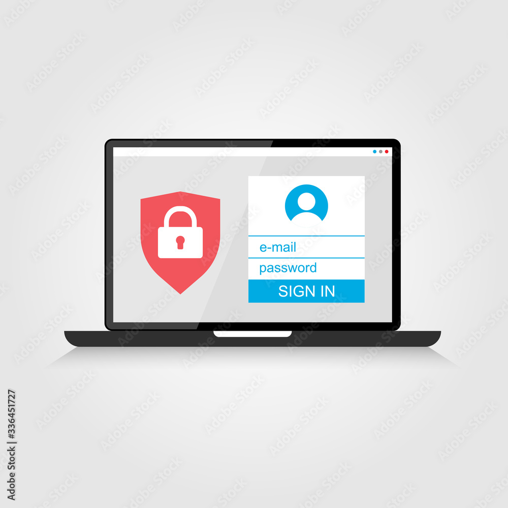 Account protection on laptop screen concept. Security authentication to protect privacy files, data or documents. Login interface template with shield and lock symbol, vector illustration Account protection on laptop screen concept. Security authentication to protect privacy files, data or documents. Login interface template with shield and lock symbol, vector illustration