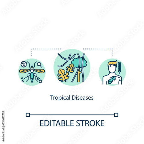 Tropical diseases concept icon. Illness transmitted by insects. Exotic parasites, microbes and bacteria idea thin line illustration. Vector isolated outline RGB color drawing. Editable stroke