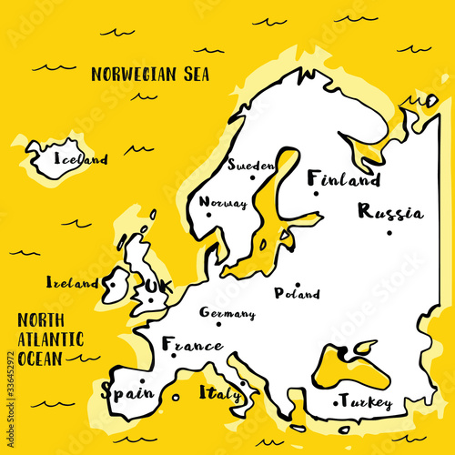 Vector map. Europe map on yellow background, illustration