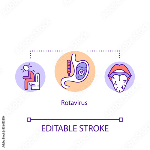 Rotavirus symptoms concept icon. Diarrhea, dry mouth viral infection signs. Stomach flu, food poisoning idea thin line illustration. Vector isolated outline RGB color drawing. Editable stroke