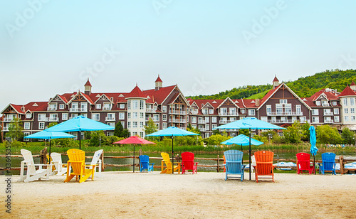 Colorful deck chairs on Mill pond in summer at Blue Mountain Village