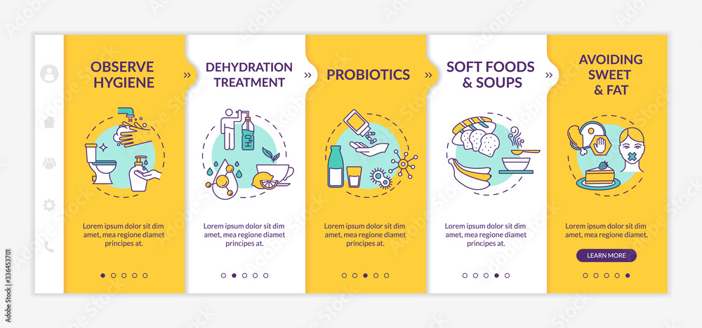 Indigestion prevention and treatment onboarding vector template. Observe hygiene, avoid sweet and fat. Responsive mobile website with icons. Webpage walkthrough step screens. RGB color concept