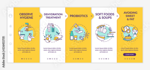 Indigestion prevention and treatment onboarding vector template. Observe hygiene, avoid sweet and fat. Responsive mobile website with icons. Webpage walkthrough step screens. RGB color concept