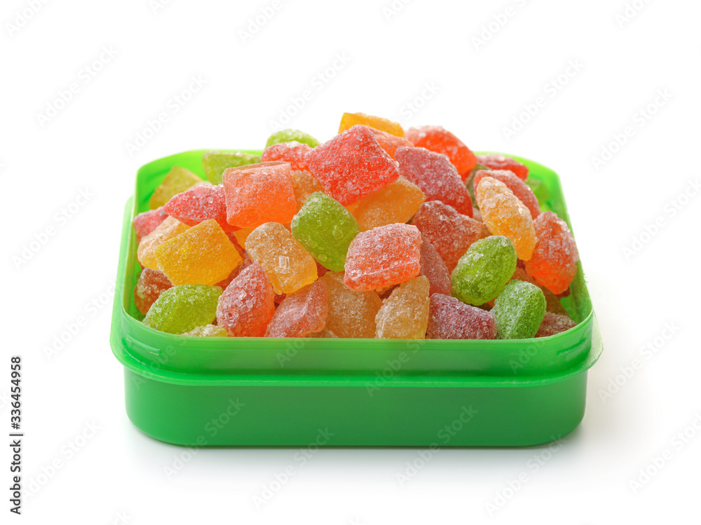 Front view of colorful hard sugar candies box Front view of colorful hard sugar candies box