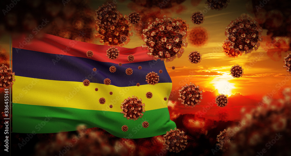 COVID-19 Coronavirus 2019-nCov virus outbreak lockdown concept concept with flag of Mauritius. 3D illustration.