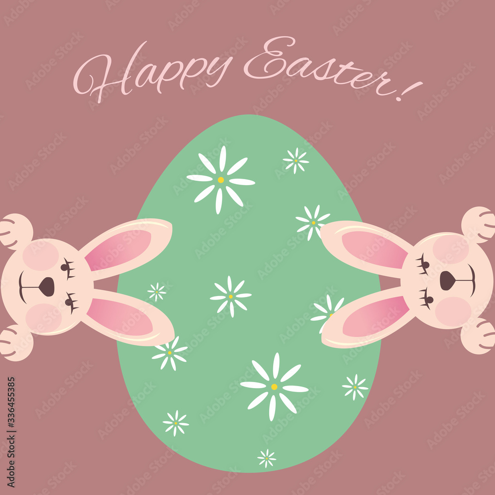 Happy Easter card with bunnies and decorated egg