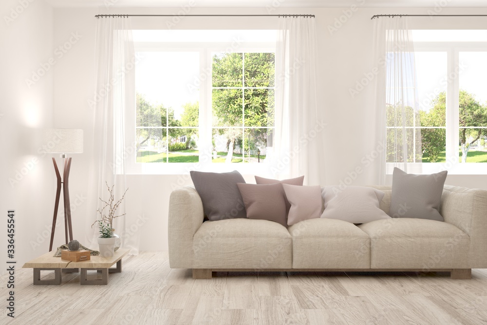 White living room with sofa and summer landscape in window. Scandinavian interior design. 3D illustration White living room with sofa and summer landscape in window. Scandinavian interior design. 3D illustration