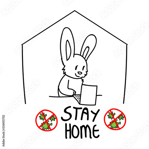 Corona virus covid 19 stay home cute bunny in self quarantine activity infographic. Self isolate support. Rabbit on laptop graphic. Viral isolation information. Vector monochrome lineart. 